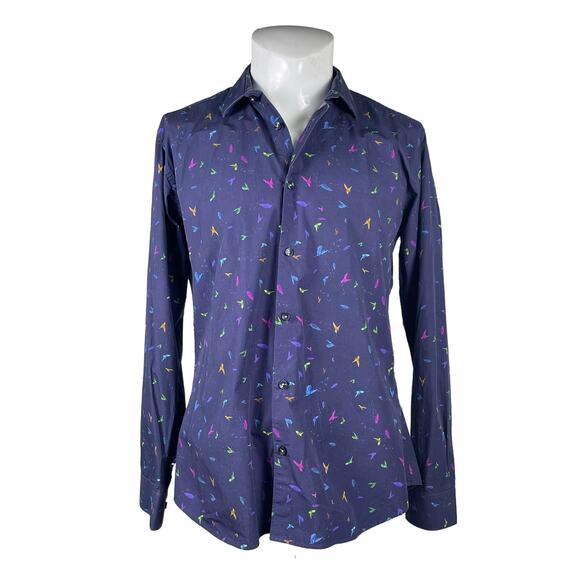 Jared Lang Shirt Men's Large Neon Hummingbird Print Blue Long Sleeve All Over - Picture 1 of 6